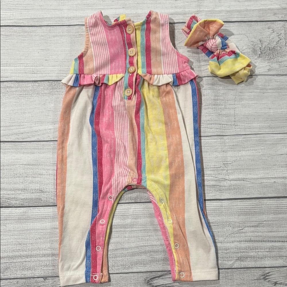 Jessica Simpson Baby Girls Striped Jumpsuit with Matching Headband